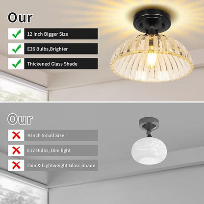 JYZ Semi Flush Mount Ceiling Light, Black Ceiling Light Fixture with Ribbed Glass Shade, Vintage Light fixtures for Hallway, Entryway, Bathroom, Kitchen, Bedroom
