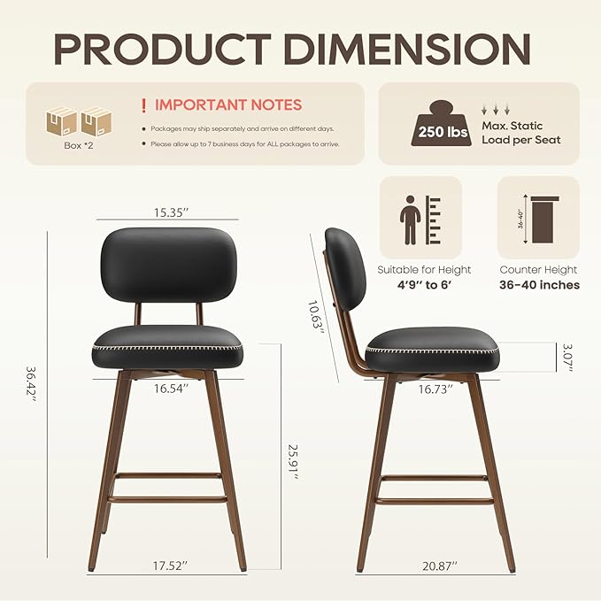 MALOL 26“ Swivel Bar Stools Set of 4, Mid Century PU Leather Counter Height Bar Chairs with Low Back and Metal Legs, Modern Bar Stool Chair for Kitchen Island, Black