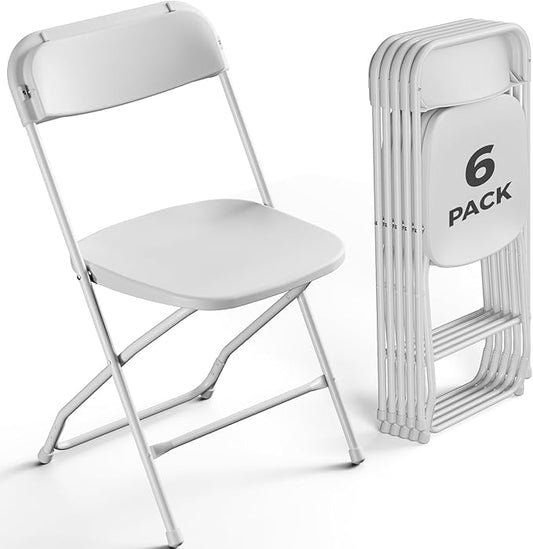 6 Pack White Plastic Folding Chairs, Outdoor Portable Folding Chair with Steel Frame, 350lbs Capacity Stackable Foldable Chairs for Patio, Garden, Picnic, Kitchen, Events