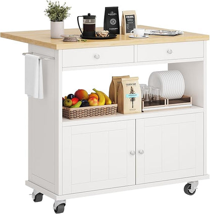 Rolling Kitchen Island with Folding Drop Leaf Breakfast Bar, 35.4'' W Kitchen Cart with Storage Cabinet and 2 Drawers, Portable Mobile Kitchen Island Table with Towel Rack, Lockable Wheels, White