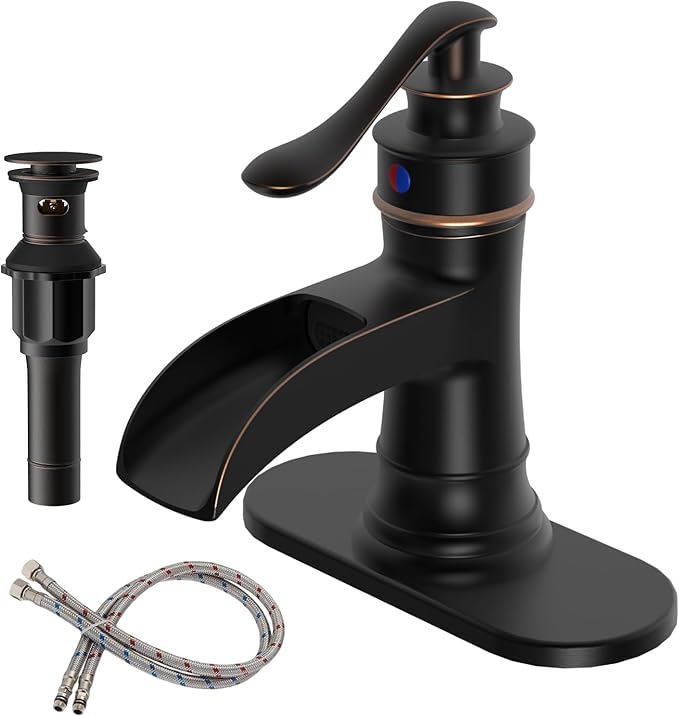 BWE Bathroom Sink Faucet Oil Rubbed Bronze Waterfall with Pop Up Drain Stopper Assembly Water Supply Hose Rustic Lead-Free Lavatory Vanity Bath Black Farmhouse Faucet Single Handle Mixer Single Hole