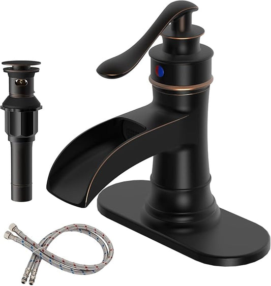BWE Bathroom Sink Faucet Oil Rubbed Bronze Waterfall with Pop Up Drain Stopper Assembly Water Supply Hose Rustic Lead-Free Lavatory Vanity Bath Black Farmhouse Faucet Single Handle Mixer Single Hole