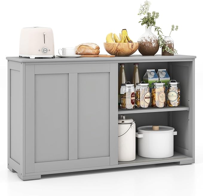 Giantex Buffet Cabinet with Storage, Coffee Bar Wine Cabinet, Farmhouse Sideboard w/Sliding Door, Adjustable Shelves, Cupboard, Kitchen Storage Cabinet, Buffet Table for Living Room Entryway, Grey