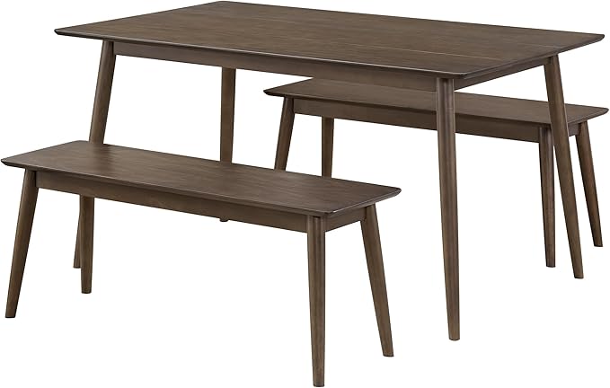 Alaterre Furniture Calais Dining – 3 Piece Dining Table Set for 4 with Benches – Mid Century Modern 59-Inch Solid Wood Kitchen & Dining Room Table with Two 46-Inch Bench (Pecan Finish)