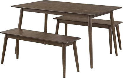 Alaterre Furniture Calais Dining – 3 Piece Dining Table Set for 4 with Benches – Mid Century Modern 59-Inch Solid Wood Kitchen & Dining Room Table with Two 46-Inch Bench (Pecan Finish)