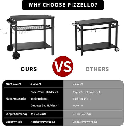 Kendane Grill Cart Table with Three Shelf, Movable Outdoor Dining Cart Pizza Oven Stand with Three Hooks, Kitchen Cart Island Multifunction Food Prep Table (Black)