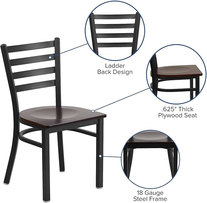 Flash Furniture 2 Pack HERCULES Series Black Ladder Back Metal Restaurant Chair - Mahogany Wood Seat