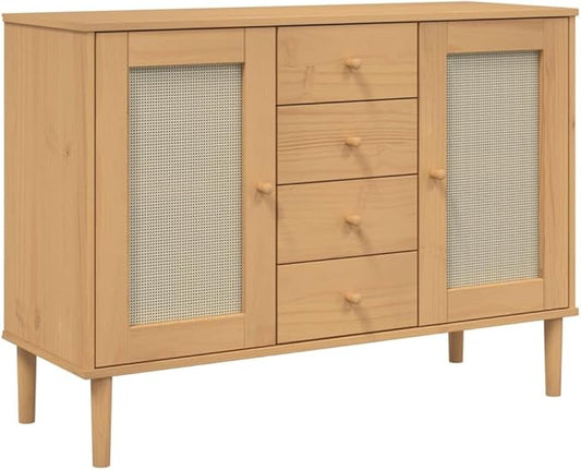 Brown Solid Pine Wood Sideboard, Engineered Wood Rattan Look Buffet Cabinet with 4 Drawers, 2 Sliding Doors, 44.1" Wide for Living Room, Dining Room Kitchen Furniture