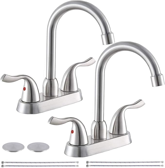 Hotis 2 Pack Bathroom Sink Faucet Brushed Nickel, 4 Inch 2 Handle Bathroom Sink Faucet for 1 or 3 Hole, Centerset Bathroom Faucet for Sink Vanity, with Pop-up Drain and Supply Hoses, HT-SLYT008L-2-1