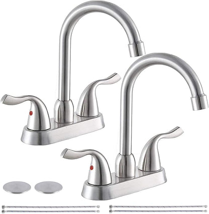 Hotis 2 Pack Bathroom Sink Faucet Brushed Nickel, 4 Inch 2 Handle Bathroom Sink Faucet for 1 or 3 Hole, Centerset Bathroom Faucet for Sink Vanity, with Pop-up Drain and Supply Hoses, HT-SLYT008L-2-1