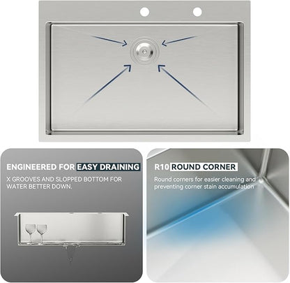 Lordear 33 Inch Drop in Kitchen Sink 33 x 22 Topmount Sink 16 Gauge Stainless Steel Single Bowl Deep Sink with Drain Strainer