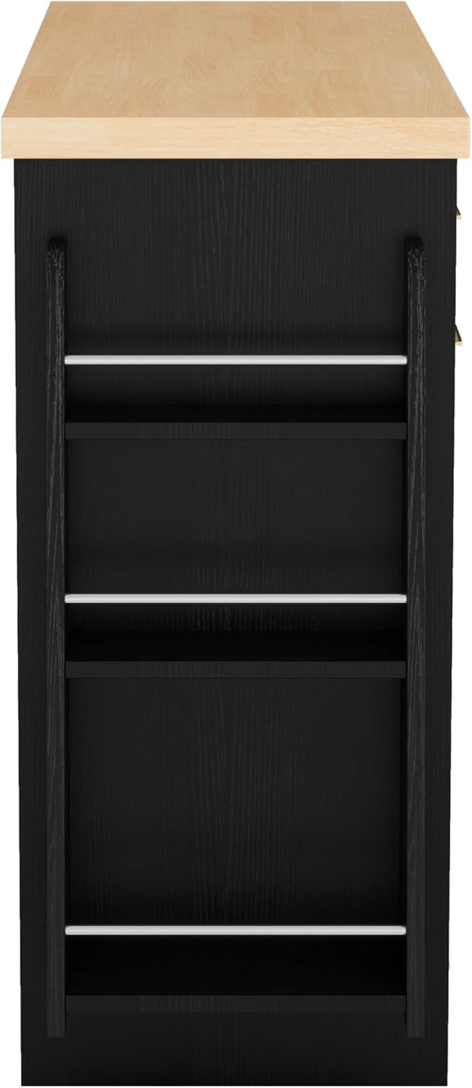 Multi-Functional Kitchen Sideboard with Trash Can Storage, Sliding Door Cabinet and 3-Tier Spice Rack, Kitchen Island Table with Drawers for Kitchen, Dining Room,BlackParticleBoardMD