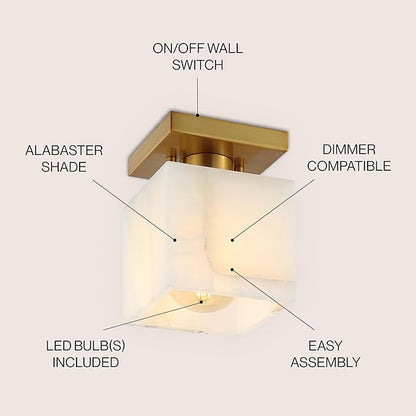 JONATHAN Y 5" White Marbling/Brass Gold Modern 1-Light Semi Flush Mount Ceiling Light for Bedroom, Cube White Alabaster Marble Shade, Mid-Century Minimalist Fixture, LED Bulb Included JYL1202A