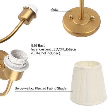 PERMO Vintage Sconce Gold 2 Lights Wall Sconces with Pleated Beige Stripe Fabric Shades Antique Bathroom Double Sconces Hardwired for Farmhouse Bedroom Hallway