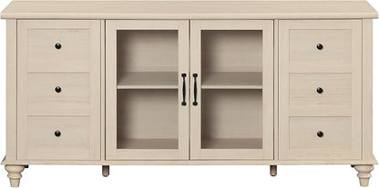 WAMPAT Sideboard Buffet Cabinets with Glass Door, Kitchen Storage Cabinets, Wood Coffee Bar Tables, Accent Sideboard Storage Cabinet Table Dining Room, Living Room,Beige