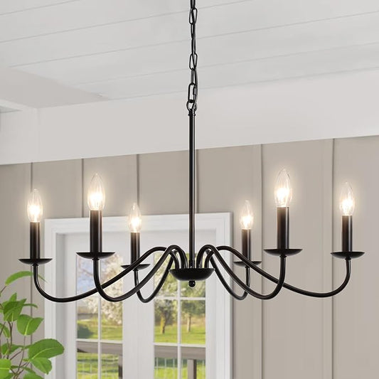 Black Chandelier, 6-Light Farmhouse Chandeliers for Dining Room Lighting Fixture, 27.59" Rustic Industrial Modern Candle Chandelier for Bedroom Kitchen Living Room Foyer Hallway