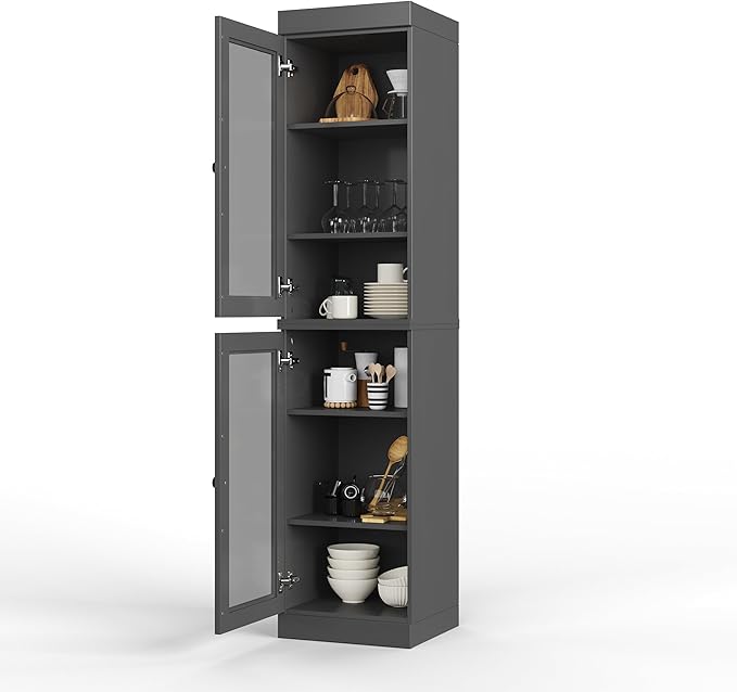 Palace Imports Solid Wood Kitchen Pantry Cabinet w/Glass Doors - Narrow Storage Cabinet - 16.5" Wide x 71.5" Tall - Gray, Adjustable Shelves, 100% Eco-Friendly Wood, Modular Cabinets
