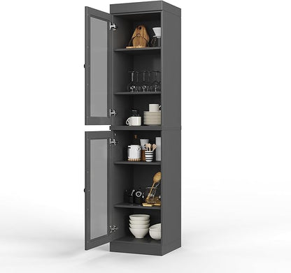 Palace Imports Solid Wood Kitchen Pantry Cabinet w/Glass Doors - Narrow Storage Cabinet - 16.5" Wide x 71.5" Tall - Gray, Adjustable Shelves, 100% Eco-Friendly Wood, Modular Cabinets