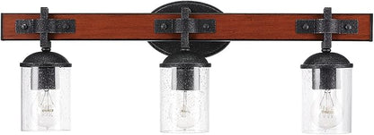 GLOBE Electric 51854 Kingston 3-Light Vanity Light, Dark Faux Wood, Galvanized Metal Accents, Clear Seeded Glass Shade, Bulb Not Included