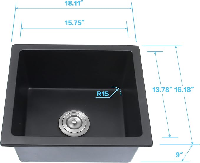 Black Bar Sink Undermount,16 X 18 inch Small Composite Bar Sink,Granite Kitchen & Bar Sinks (Black, 16" X 18")