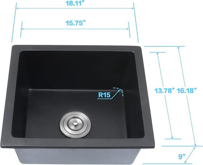 Black Bar Sink Undermount,16 X 18 inch Small Composite Bar Sink,Granite Kitchen & Bar Sinks (Black, 16" X 18")
