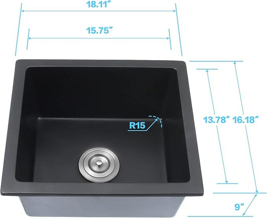 Black Bar Sink Undermount,16 X 18 inch Small Composite Bar Sink,Granite Kitchen & Bar Sinks (Black, 16" X 18")
