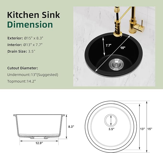 Davivy 15 Inch Black Round Bar Sink,15x15 Dual-Mount Small Granite Bar Prep Sink, Quartz Composite Single Bowl Design with with Bottom Grid & Strainer