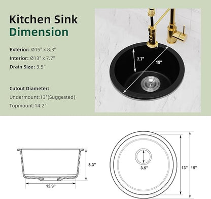 Davivy 15 Inch Black Round Bar Sink,15x15 Dual-Mount Small Granite Bar Prep Sink, Quartz Composite Single Bowl Design with with Bottom Grid & Strainer