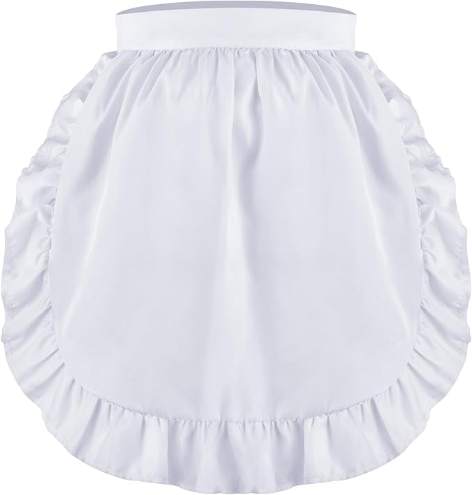 Geyoga Aprons for Women with Pockets Kitchen Cooking Waitress Maid Apron Vintage Skirt Cute Ruffle Dress Costume(White,No Pockets Style)
