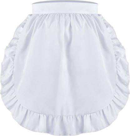 Geyoga Aprons for Women with Pockets Kitchen Cooking Waitress Maid Apron Vintage Skirt Cute Ruffle Dress Costume(White,No Pockets Style)
