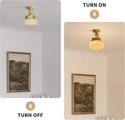 KCO Lighting Brass Globe Flush Mount Ceiling Light Mid Century Modern Entryway Light Fixture Fluted Yellow Glass Semi Flush Mount Ceiling Light Retro Gold Ceiling Lighting
