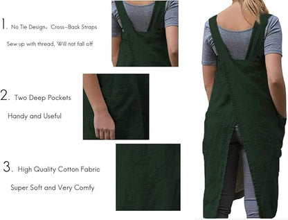 Larmliss Women's Pinafore Square Apron Baking Cooking Gardening Works Cross Back Cotton/Linen Blend Dress with 2 Pockets