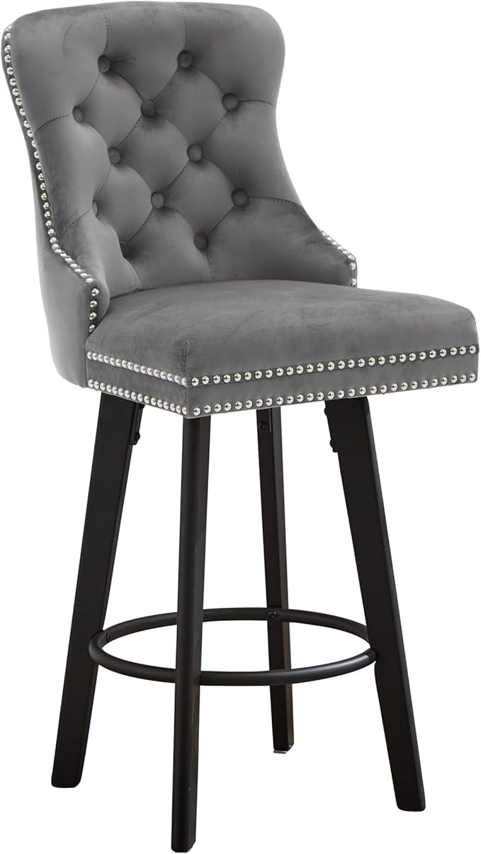 Swivel Bar Stools Velvet Bar stools Button Tufted Bar Stools Rivet Trim Bar Stools for Kitchen Island,Bistro, with Metal Pull Ring Sturdy Footrest Large Backrest for Home Bar,Dark Gray 2pcs