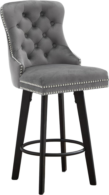 Swivel Bar Stools Velvet Bar stools Button Tufted Bar Stools Rivet Trim Bar Stools for Kitchen Island,Bistro, with Metal Pull Ring Sturdy Footrest Large Backrest for Home Bar,Dark Gray 2pcs