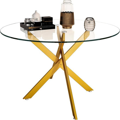 Round Glass Dining Table,Glass Dining Room Table with Tempered Glass Tabletop and Metal Legs, Modern Style Round Kitchen Table for Home, Kitchen, Dining Room