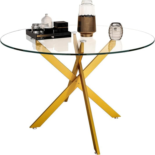 Round Glass Dining Table,Glass Dining Room Table with Tempered Glass Tabletop and Metal Legs, Modern Style Round Kitchen Table for Home, Kitchen, Dining Room