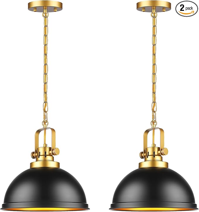 2-Pack Black Gold Pendant Lighting, Farmhouse Metal Pendant Lights Modern Matte Black Dome Industrial Light Fixture for Kitchen Island Restaurant Dining Room Hallway Entrance