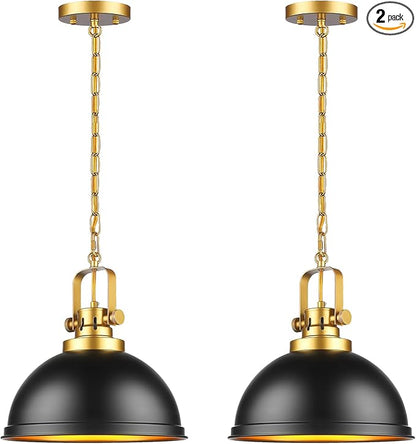 2-Pack Black Gold Pendant Lighting, Farmhouse Metal Pendant Lights Modern Matte Black Dome Industrial Light Fixture for Kitchen Island Restaurant Dining Room Hallway Entrance