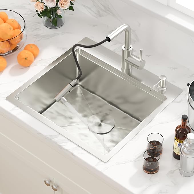 Sarlai Outdoor Kitchen Sink - 21 Inch Drop Bar RV Sink with Pull-out Faucet Drop In Workstation 21 x 20 Topmount Stainless Steel 16 Gauge Single Bowl Bar Prep Outdoor Sinks Basin