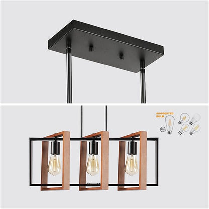 3-Light Island Lights for Kitchen, Rectangular Wood and Black Metal Kitchen Island Chandelier 23.6" Adjustable Rustic Modern Dining Room Light Fixtures Over Table, Chandeliers for Dining Room