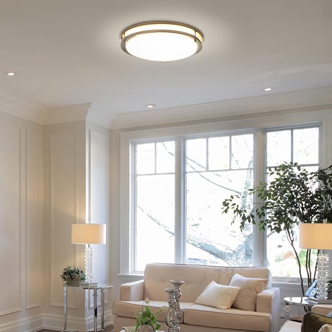 Maxxima 18" LED Flush Mount Ceiling Light Fixture - Satin Nickel Round Light, 2000 Lumens, 5 CCT 2700K/3000K/3500K/4000K/5000K, Dimmable Dual Ring Fixture, Perfect for Kitchen, Living Room, or Bedroom
