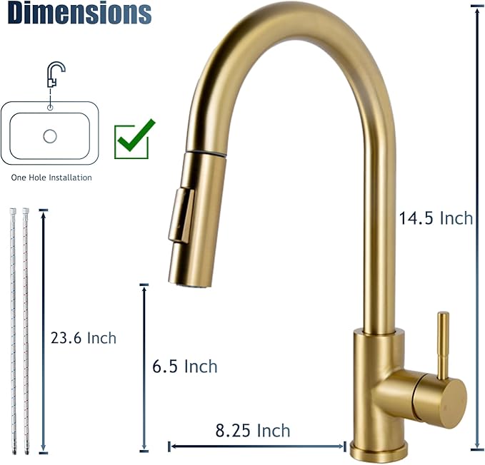 Hotis Gold Kitchen Faucet with Pull Down Sprayer, High Arc Stainless Steel Sink Faucet, Brushed Gold Bar Faucet Fit for 1 Hole Sink, Easy Install for Kitchen Farmhouse RV, HT-KBD101G