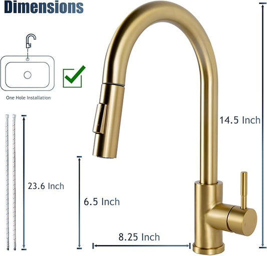 Hotis Gold Kitchen Faucet with Pull Down Sprayer, High Arc Stainless Steel Sink Faucet, Brushed Gold Bar Faucet Fit for 1 Hole Sink, Easy Install for Kitchen Farmhouse RV, HT-KBD101G