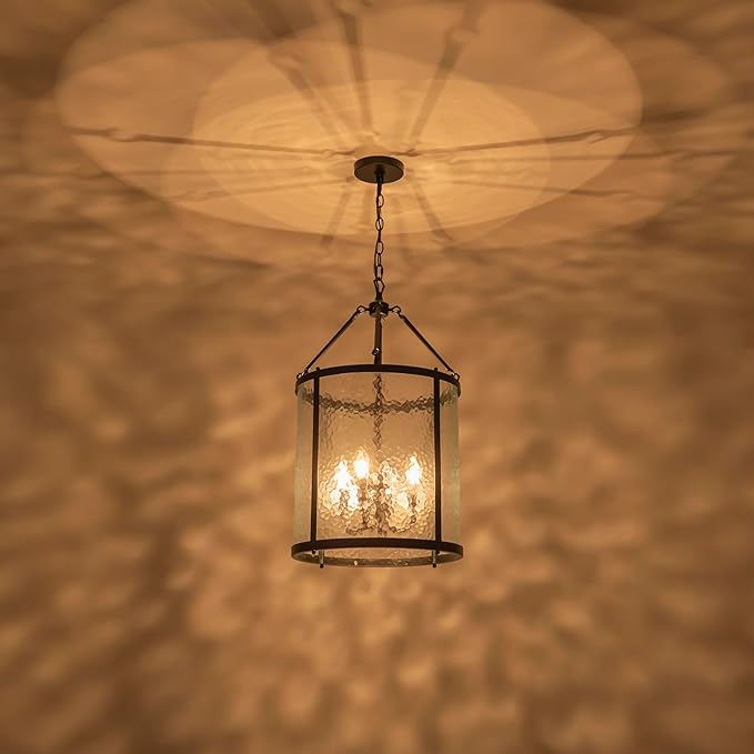 Lingkai Modern Black Chandelier, 4-Light Water Ripple Glass Light Fixture, Lantern Farmhouse Chandeliers for Dining Room, Living Room, Foyer