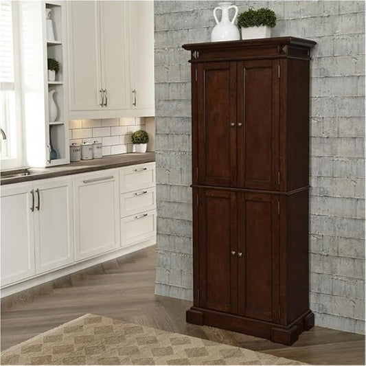 Bowery Hill Traditional Wood Kitchen Pantry, 72"H x 29.75"W x 16"D, Brown Cherry Finish, 4 Shelves, Distressed Oak Veneer, Carved Door Panels, Antique Nickel Hardware, Versatile Storage Cabinet for
