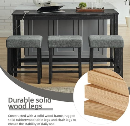 59 inch Bar Table and Chairs Set with with Power Outlet, Industrial Hight Counter Height Bar Table with 3 Upholstered Stools,4 Pieces Space-Save Breakfast Table Set for Kitchen Dining Room (Black)