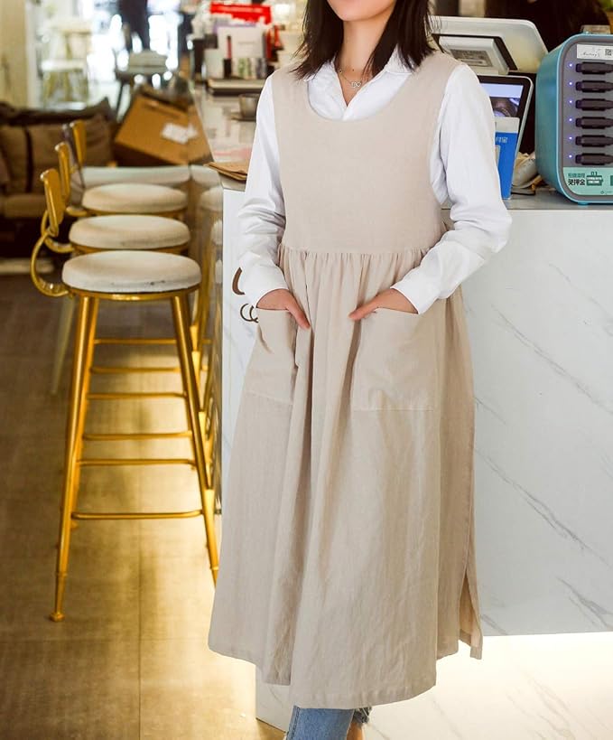 Women Plus Size Cotton Linen Vintage Pleated Split Apron Pinafore Dress with Two Pockets