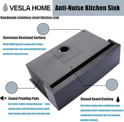 33 inch Black Farmhouse Sink, Modern Single Bowl Stainless Steel Apron Front Farmhouse Kitchen Sink with Dish Grid and Strainer