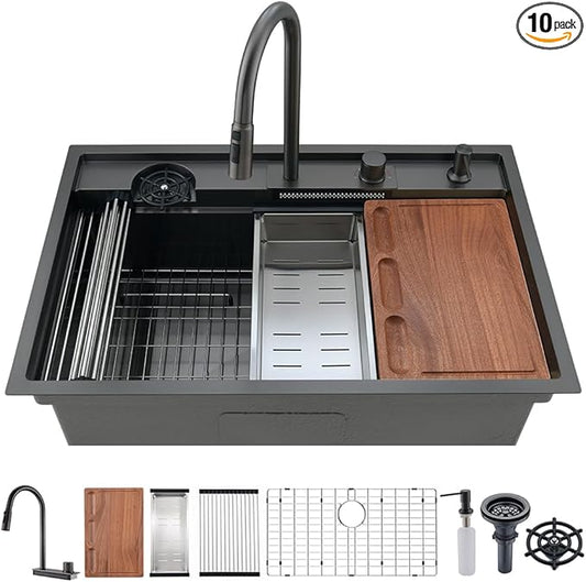 33 Inch Drop In Waterfall Kitchen Sink Black-iAnomla 33x19 Black Kitchen Sink Drop In Top Mount Modern Sinks with Cup Washer 16 Gauge Single Bowl Deep Multifunctional Smart Sinks and Faucet Combo