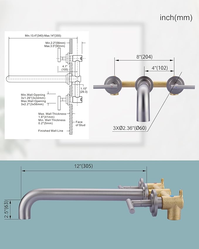 WOWOW Wall Mount Tub Filler: Brushed Nickel Tub Faucet High Flow Two Handles Solid Brass, Long Spout Reach,Tub Faucet Bathroom Bathtub Faucets with 2 Handles with Brass Rough in Valve Included